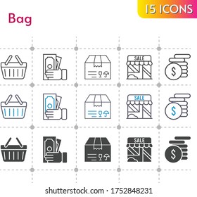 Taschensymbol eingestellt. inklusive Paket, Shop, Geld, Einkaufskorb, Einkaufskorb-Symbole auf weißem Hintergrund. linear, bicolor, gefüllte Stile.