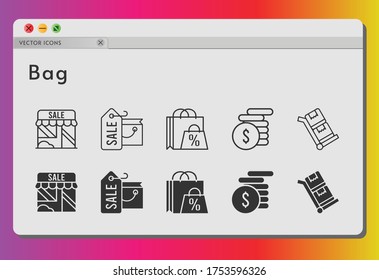 bag icon set. included shopping bag, shop, money, trolley icons on white background. linear, filled styles.