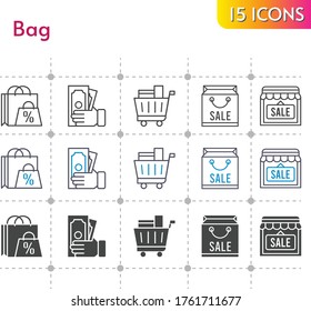 bag icon set. included shopping bag, shop, money, shopping cart icons on white background. linear, bicolor, filled styles.