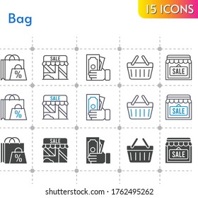 bag icon set. included shopping bag, shop, money, shopping-basket, shopping basket icons on white background. linear, bicolor, filled styles.