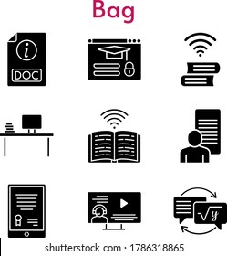 bag icon set. included tablet, study, desktop, instructor, homework, book, doc, login icons. filled styles.