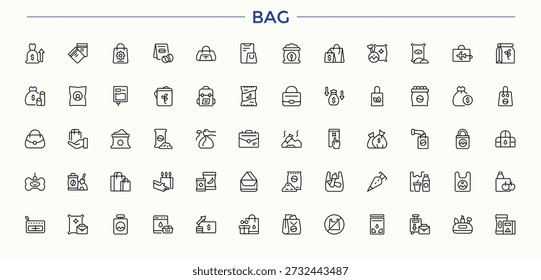Conjunto de iconos de bolsa en estilo lineal. Conjunto de iconos web de línea delgada mínima. Conjunto de iconos de línea de Vector de compras. Contiene información relacionada con el paquete de compras, equipaje, tienda, bolso, mercado y más.