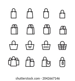 Icono de bolso establecido en el estilo de línea delgada. Juego de iconos de la bolsa de compras. Icono de la colección de bolsas de compra. Vector e ilustración.