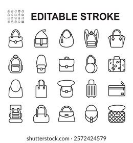 Bag icon set. Thin line vector, contains various bag models. Such as women's bags, suitcases, backpacks and more.