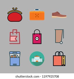 bag icon set. vector set about garbage, school, shoe and box icons set.