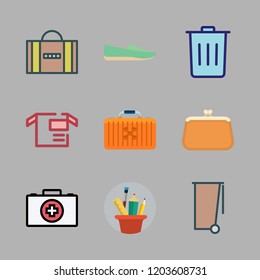 bag icon set. vector set about pencil case, purse, suitcase and trash icons set.
