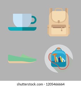 bag icon set. vector set about backpack, tea cup and shoe icons set.