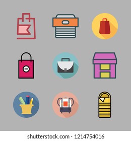 bag icon set. vector set about shopping bag, pencil case, briefcase and backpack icons set.