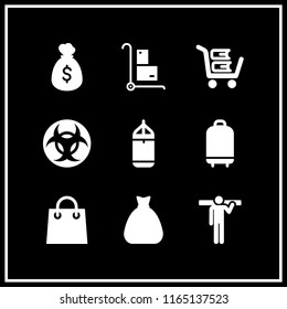 bag icon. This set with suitcase, trolley, cart with books and punching bag vector icons for mobile and web
