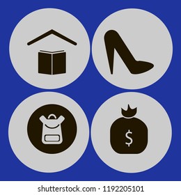 bag icon. bag vector icons set women shoes, money bag, school book bag and school