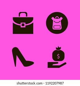 bag icon. bag vector icons set women shoes, school book bag, briefcase and money bag hand