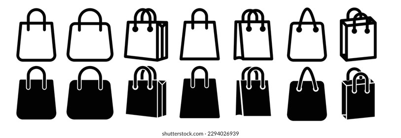 Juego de vectores de icono de bolsa. colección de iconos de bolsos de compras plásticas. Juego de iconos de la bolsa de transporte. Vector de acciones