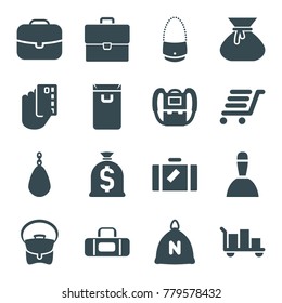 Bag icons. set of 16 editable filled bag icons such as sack, luggage, backpack, case, credit card in hand, luggage cart