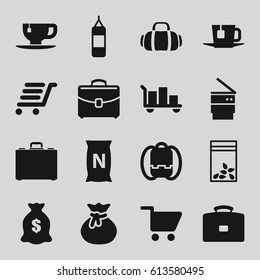 Bag icons set. set of 16 bag filled icons such as money sack, tea cup, luggage cart, case, trash bin, tea, shopping cart, backpack, sack