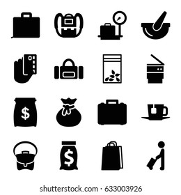 Bag icons set. set of 16 bag filled icons such as man with luggage, lugagge weight, backpack, bucket, trash bin, tea, case, money sack, sack