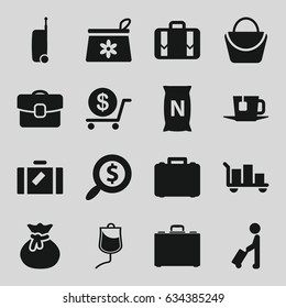 Bag icons set. set of 16 bag filled icons such as man with luggage, luggage, dollar, drop counter, case, tea, search dollar, suitcase
