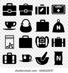 Bag icons set. set of 16 bag filled icons such as sack, luggage, backpack, tea cup, medical kit, bucket, case, tea