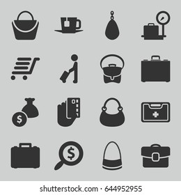 Bag icons set. set of 16 bag filled icons such as man with luggage, lugagge weight, luggage cart, medical kit, case, tea, search dollar