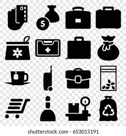 Bag icons set. set of 16 bag filled icons such as lugagge weight, luggage cart, medical kit, tea, case, suitcase, sack