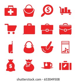 Bag icons set. set of 16 bag filled icons such as luggage, money sack, first aid kit, bucket, case, tea, shopping cart, search dollar, suitcase