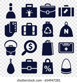 Bag icons set. set of 16 bag filled icons such as sack, luggage, medical kit, case, search dollar, bulb, shopping sale