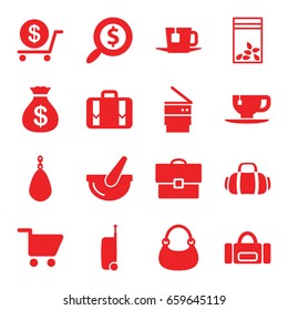 Bag icons set. set of 16 bag filled icons such as money sack, dollar, tea cup, luggage, bucket, trash bin, tea, shopping cart, search dollar, suitcase