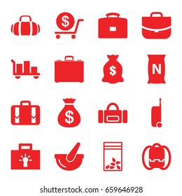 Bag icons set. set of 16 bag filled icons such as money sack, dollar, case, money sack, luggage, bucket, suitcase, bulb