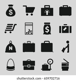 Bag icons set. set of 16 bag filled icons such as sack, man with luggage, luggage, lugagge weight, money sack, luggage cart, case, trash bin, shopping cart, bulb