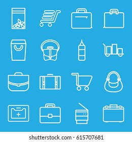 Bag icons set. set of 16 bag outline icons such as case, luggage cart, medical kit, trash bin, shopping cart, suitcase