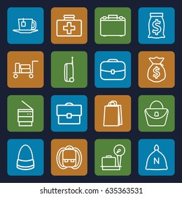 Bag icons set. set of 16 bag outline icons such as luggage, lugagge weight, sack, first aid kit, trash bin, tea, case, money sack, suitcase