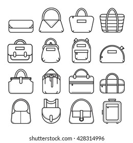 Bag icons. Set of 16 thin line bag icons. Vector illustration