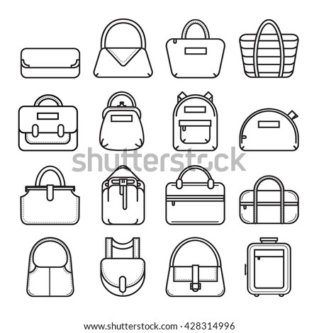 Bag icons. Set of 16 thin line bag icons. Vector illustration