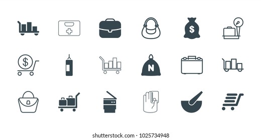 Bag icons. set of 18 editable filled and outline bag icons: sack, money sack, luggage, case, luggage cart, trash bin, lugagge weight, dollar, credit card in hand, bucket