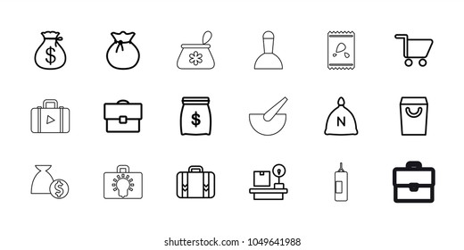 Bag icons. set of 18 editable outline bag icons: sack, money sack, lugagge weight, luggage, shopping cart, money sack, case, bulb