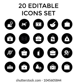 Bag icons. set of 20 editable filled bag icons such as sack, luggage, lugagge weight, dollar, case, luggage cart, bulb, medical kit. best quality bag elements in trendy style.