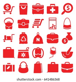 Bag icons set. set of 25 bag filled icons such as sack, luggage, dollar, case, first aid kit, luggage cart, drop counter, bucket, search dollar
