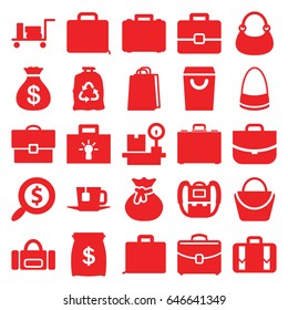 Bag icons set. set of 25 bag filled icons such as luggage, backpack, money sack, case, lugagge weight, tea, search dollar, bulb, money sack