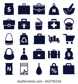 Bag icons set. set of 25 bag filled icons such as sack, money sack, first aid kit, bucket, case, trash bin, shopping cart, suitcase, bulb, shopping sale