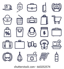 Bag icons set. set of 25 bag outline icons such as backpack, lugagge weight, luggage cart, luggage, drop counter, case, trash bin, tea, shopping cart, suitcase, money sack