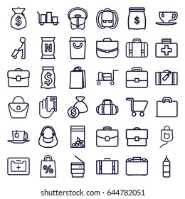 Bag icons set. set of 36 bag outline icons such as man with luggage, luggage, case, tea cup, first aid kit, medical kit, drop counter, trash bin, tea, shopping cart