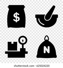 Bag icons set. set of 4 bag filled icons such as sack, lugagge weight, bucket