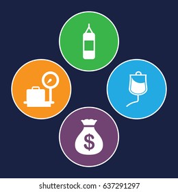 Bag icons set. set of 4 bag filled icons such as lugagge weight, money sack, drop counter
