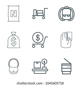 Bag icons. set of 9 editable outline bag icons such as luggage, dollar, backpack, lugagge weight, trash bin, money sack
