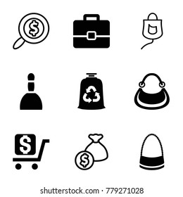 Bag icons. set of 9 editable filled and outline bag icons such as case, drop counter, search dollar