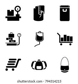 Bag icons. set of 9 editable filled bag icons such as lugagge weight, luggage cart, drop counter, luggage, backpack