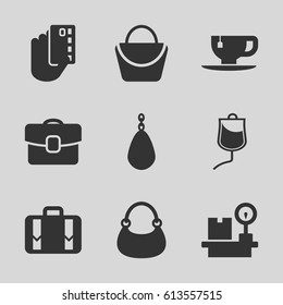 Bag icons set. set of 9 bag filled icons such as tea cup, lugagge weight, luggage, drop counter, case