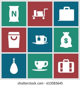 Bag icons set. set of 9 bag filled icons such as luggage, money sack, tea cup, tea