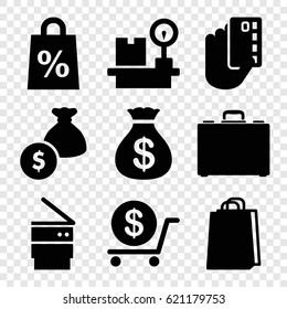 Bag icons set. set of 9 bag filled icons such as Money sack, dollar, lugagge weight, case, trash bin, shopping sale