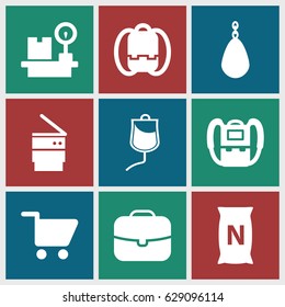 Bag icons set. set of 9 bag filled icons such as backpack, lugagge weight, drop counter, trash bin, shopping cart