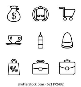 Bag icons set. set of 9 bag outline icons such as Money sack, tea cup, case, shopping cart, backpack